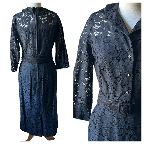 Vintage 1950s Sir James Black Lace Sheath Midi Dress - Medium - Picture 3 of 9